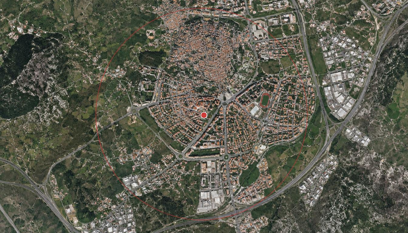 Mapa da Guarda com o ponto assinalado e raio de análise de 3 km
